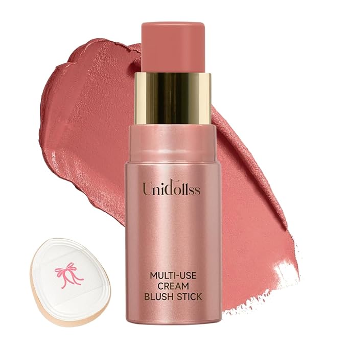 Multi-Use Makeup Cream Blush Stick, Unidollss 3-in-1 Buildable Blush Stick for Cheeks, Eyes, and Lips, Hydrating formula, All day wear, Easy Application with Thumb Puff Included (02 INFATUATION)-Velvo Beauty