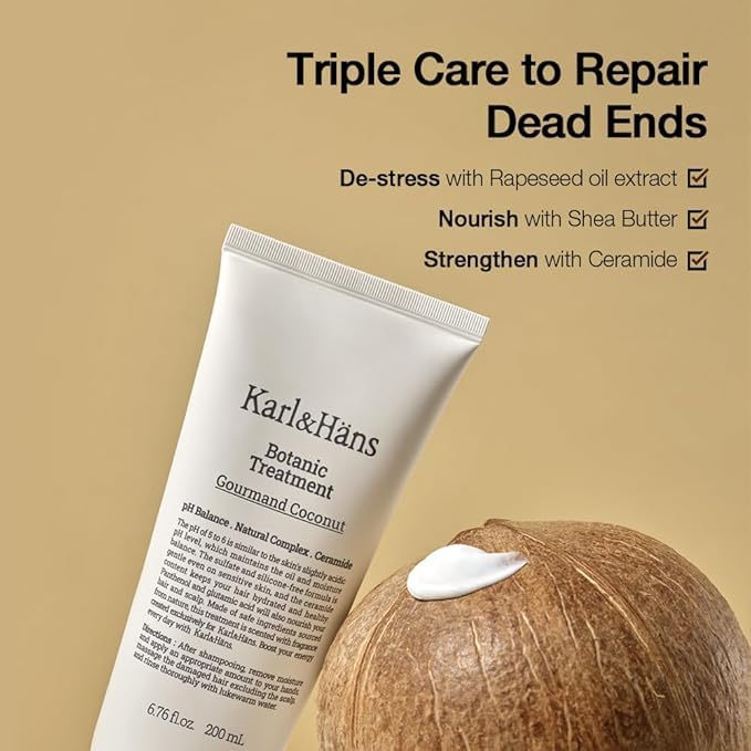 Karl&Hans Botanic Gourmand Coconut Conditioner Hair Treatment - Organic, Silicone-Free, Moisturizing with Ceramide, Coconut Oil & Natural Extracts for All, Dry, Damaged, Frizzy Hair, 6.76 fl oz-Velvo Beauty