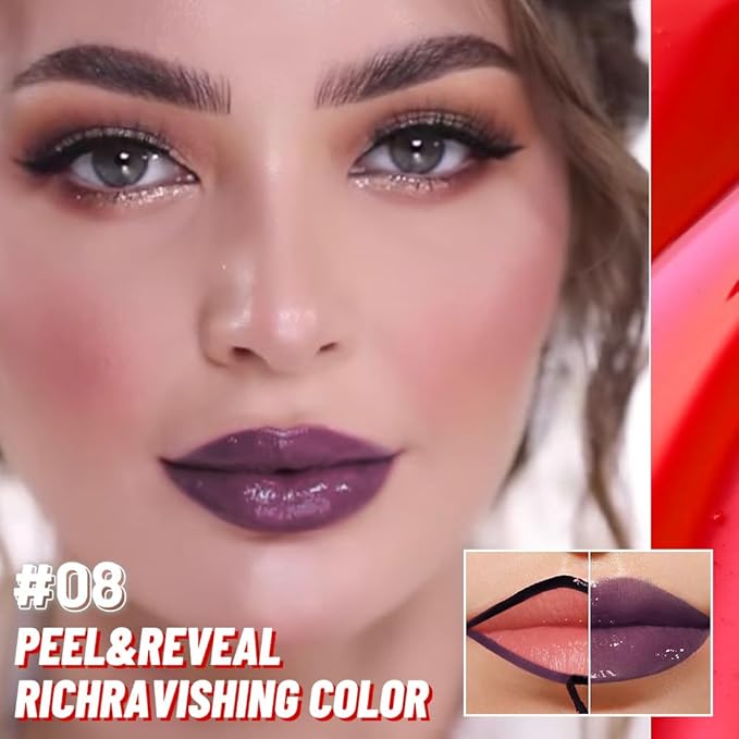 Lip Stain Peel Off Lip Gloss oil Dual-Ended Combo, Deep Berry Lips Liner Stain Peel Off Tattoo, Long Lasting & Waterproof, Transfer-Proof Lip Tint Stain with Lip oil for All Skin Type 08#-Velvo Beauty