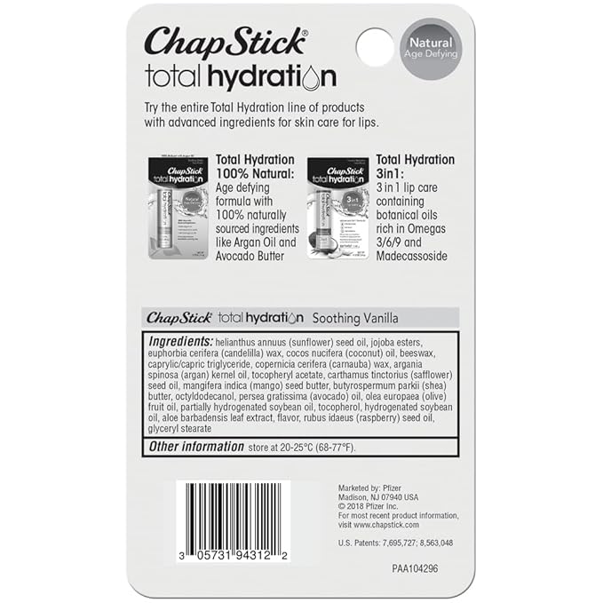 ChapStick Total Hydration Soothing Vanilla Moisturizing Lip Balm Tube, Lip Care with Argan Oil - 0.12 Oz-Velvo Beauty
