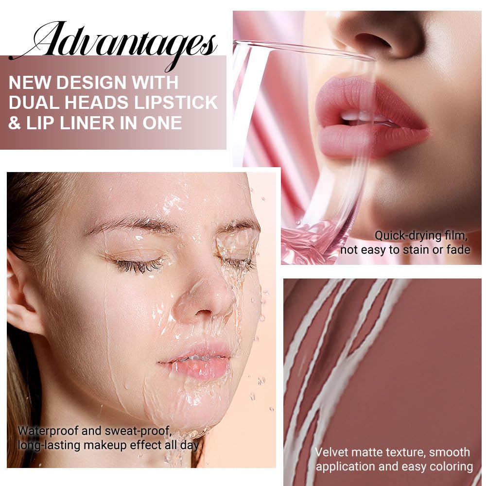 evpct 1Pcs Nuetral Nude Matte Lip Liner & Liquid Lipstick Stain Makeup Set for Women, Nude Lip Liner Stain Long Lasting Waterproof Smudge Proof, Cruelty Free Lip Stick Makeup 24 hours originales, 61-Velvo Beauty