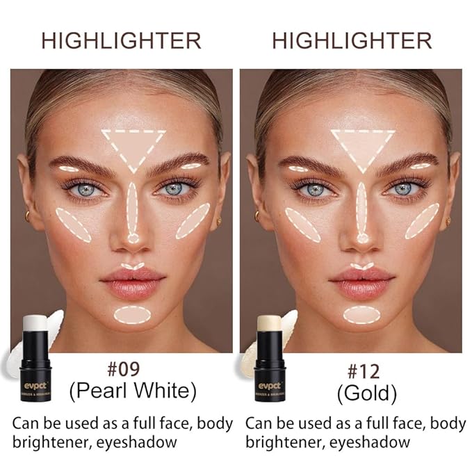 evpct 2Pcs Face Cream Makeup Highlighter Highlight Contour Stick Pearl White & Gold Glitter Contouring Highlighter Makeup Stick and Contour Illuminator Highly Piamented Long Lasting Skin Brighten 9+12-Velvo Beauty