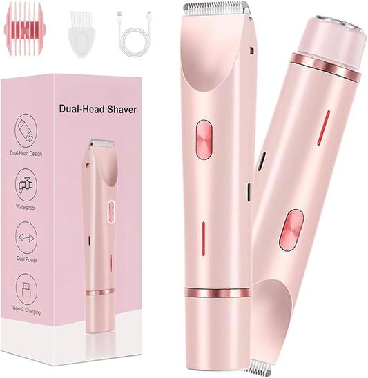 Dermave Bikini Shaver,2 in 1 Dual Head Bikini Trimmer & Body Shaver, Painless Hair Removal with Silky Glow Finish, Cordless & Waterproof Electric Trimmer for Women,Pink-Velvo Beauty