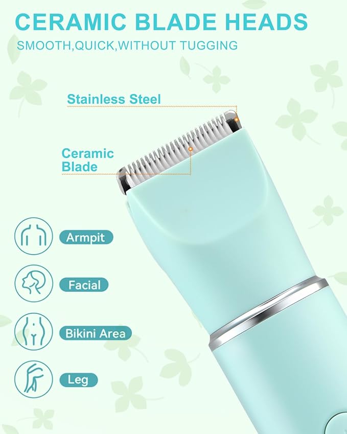 Bikini Trimmer for Women,2-in-1 Painless Electric Razors & Shaver Nose,IPX7 Waterproof,Body Hair Trimmer for Underarm/Pubic/Nose/Legs,USB-C Rechargeable Women's Grooming Kit (Mint Green)-Velvo Beauty