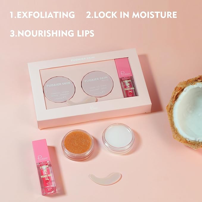 Pudaier 3Pcs Lip Care Kit with Coconut Lip Mask Caramel Lip Scrub Strawberry Lip Oil for Shiny and Nourishing Lips, Dry Lips Treatment, Moisturizing Lip Care For All Day Hydration-Velvo Beauty