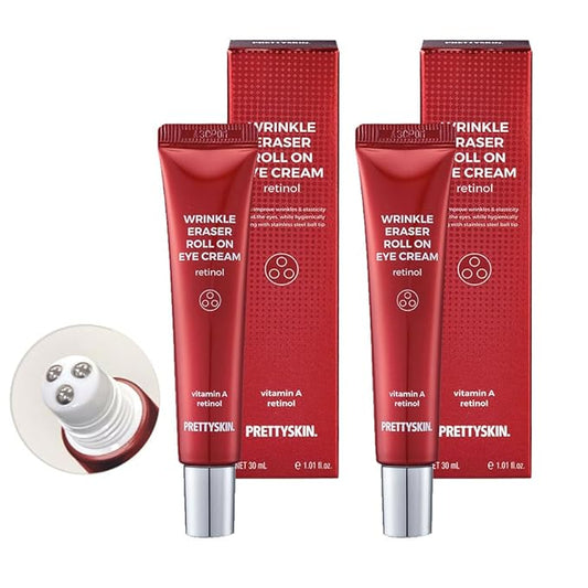 PS.PRETTYSKIN Roll On Eye Cream 30ml/1.01fl.oz. with Vitamin A and Stainless Steel ball Tip for Wrinkle Eraser and Elasticity (Retinol x 2CT)-Velvo Beauty