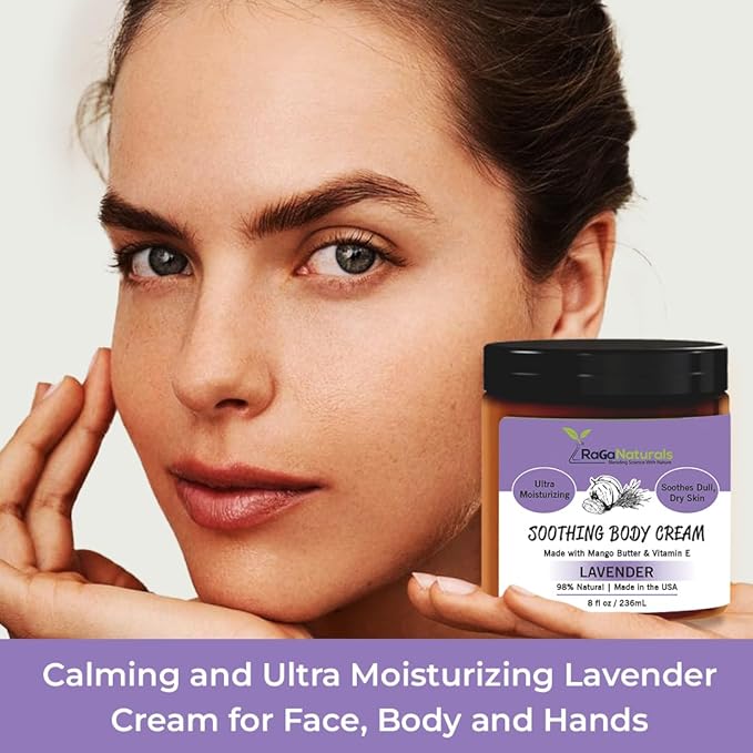 RaGaNaturals Natural Face and Body Butter Cream for Dry Skin - Calming, Nourishing & Hydrating Lavender Body Cream for Women, Men & Kids - Softens Skin and Delivers Healthy-Looking Glow - Vegan - 8 Oz-Velvo Beauty
