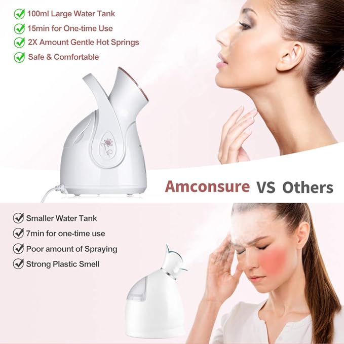 Facial Steamer, Amconsure Nano Ionic Face Steamer for Home, 100ML Warm Mist Humidifier for Women Moisturizing, Unclogs Pores-Bonus Stainless Steel Skin Kit and 2 Face Scrubbers-Velvo Beauty
