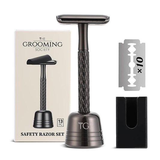 Double Edge Safety Razor for Men with Stand and Silicone Cover - Durable Metal Eco-Friendly Single Blade Safety Razor with 10 Blades - Closed Smooth Shave Matte Black-Velvo Beauty