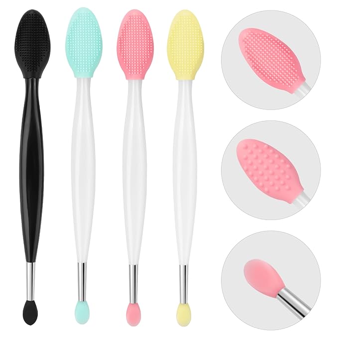 Unaone Lip Scrub Brush - 4 PCS Dual-ended Lip Scrubber Exfoliator and Silicone Lip Brush, 2-in-1 Silicone Lip Scrub Tool Lip Mask Applicator, Gentle Exfoliator & Applicator for Soft-Velvo Beauty