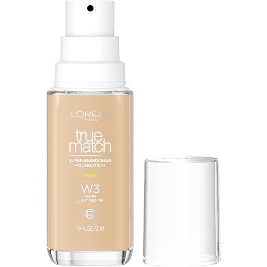 L'Oreal Paris True Match Super-Blendable Foundation, Medium Coverage Liquid Foundation Makeup, W3, Light Medium, 1 Fl Oz-Velvo Beauty