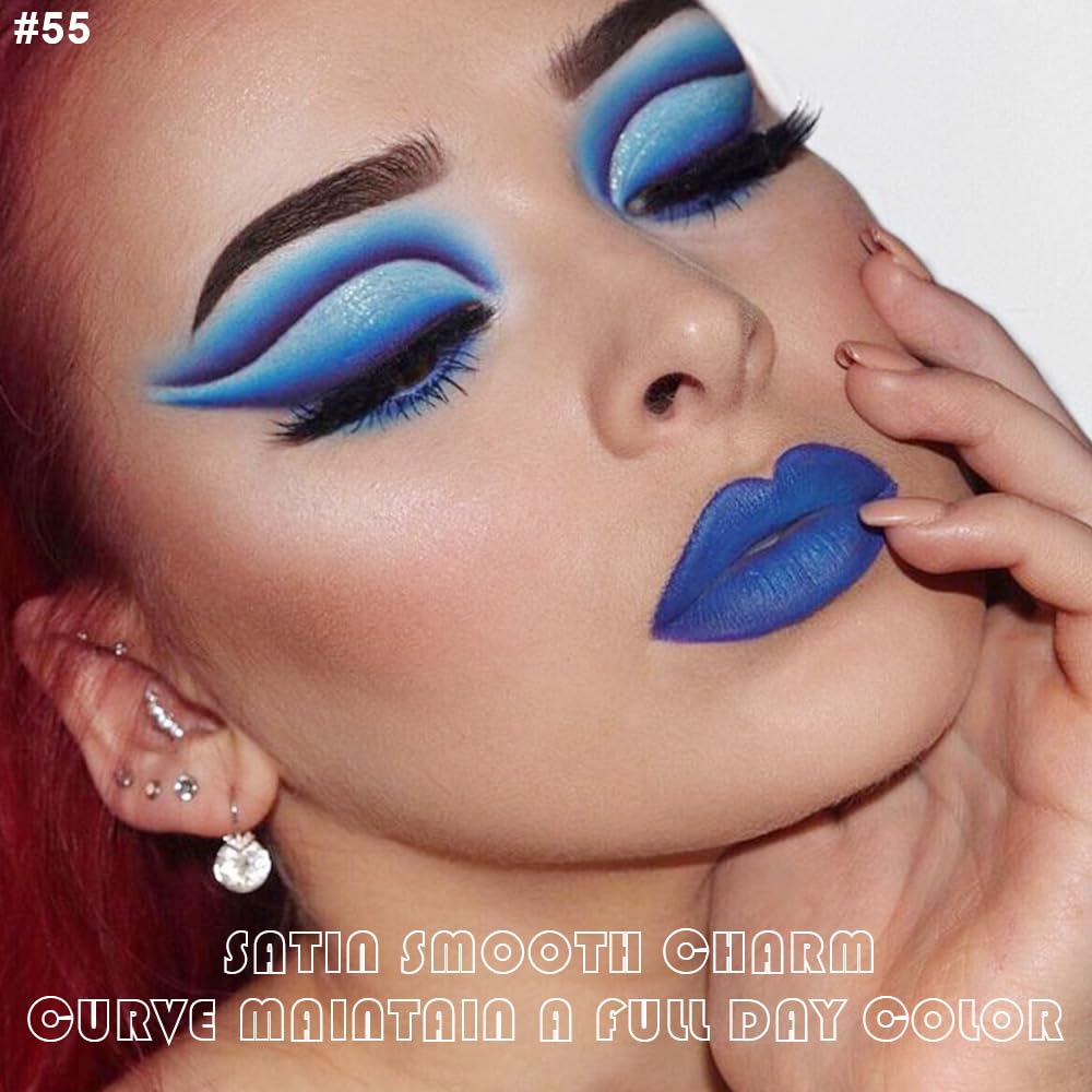 evpct 2Pcs Dark Royal Blue Matte Liquid Lipstick Lip Gloss Stain and Retractable Lip Liner Makeup Set for Women Long Lasting Waterproof 24 Hours Lipstick labial mate larga duracion 24 55#-Velvo Beauty