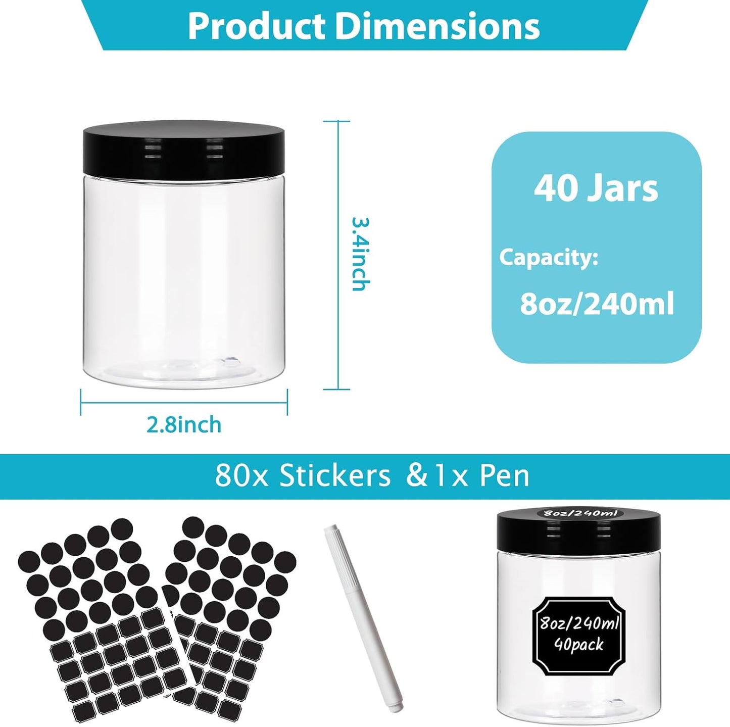 8 oz Clear Plastic Round Jars with Black Lids, 40pcs 8oz 250ml Leak-Proof Wide-Mouth Cosmetic Storage Containers for Slime, Kitchen Use, Beauty Products, Cream, Scrubs, Bath Salt and More-Velvo Beauty