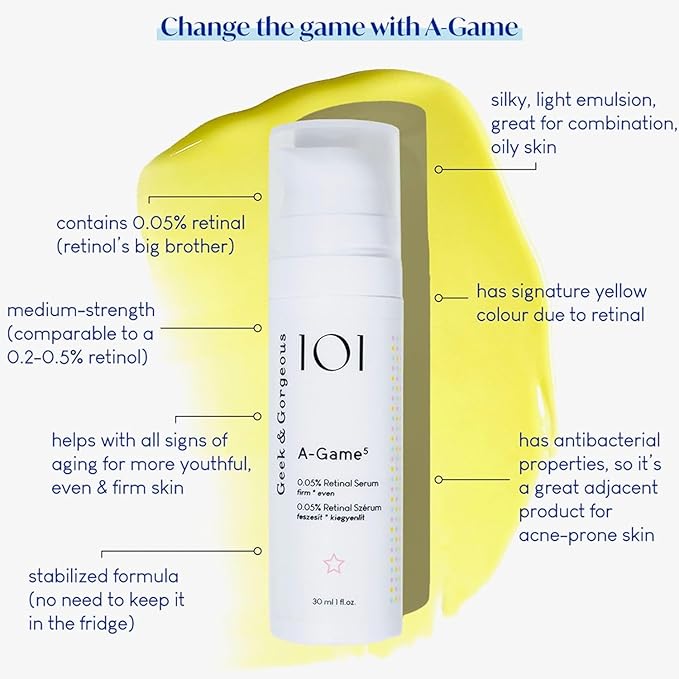 Geek & Gorgeous - A-Game 5-0.05% Retinal serum - silky, light with medium-strength retinal, anti-aging - all skin types, especially combination & oily skin, 1 oz-Velvo Beauty