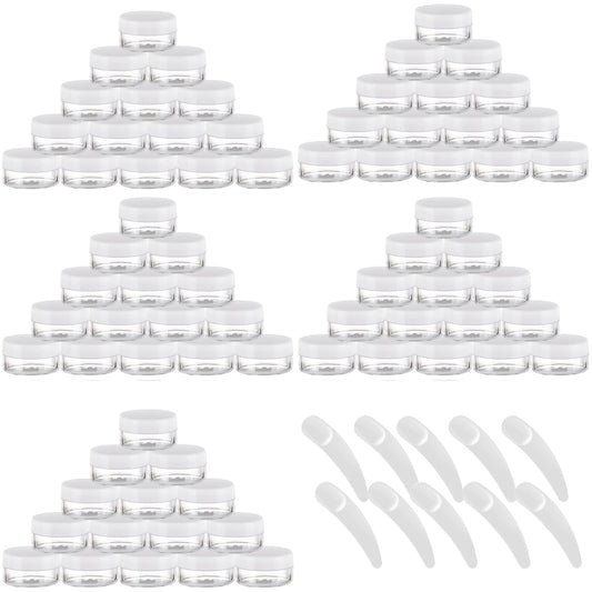 Refillable Cosmetic Sample Jars - 100 Pack 10g (0.35oz) White Small Travel Containers with Lids + 10 Mini Makeup Spatulas - BPA Free-Velvo Beauty