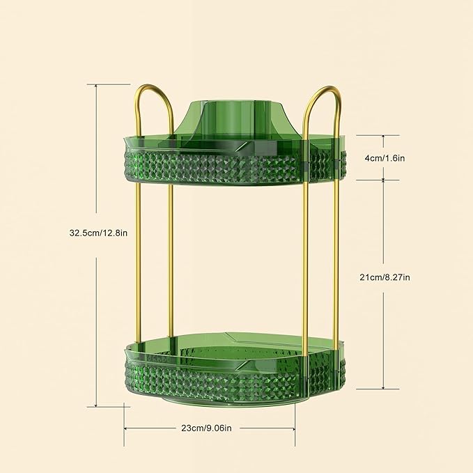 360° Rotating Makeup Organizer 2 Tier, Large Skincare Clear Make Up Storage Spinning Perfume Organizers for Bathroom Counter Dresser, Green-Velvo Beauty