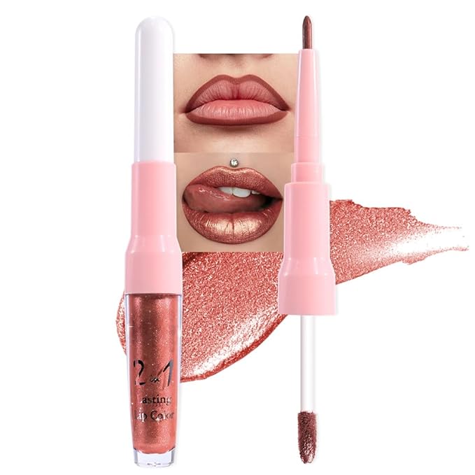 evpct Copper Metallic Glitter Lip Liner and Lipstick Combo Lip Gloss Stain Set Makeup for Women Long Lasting Waterproof 24, Bronze Gold Mocha Metallic Shimmer Frosted Iridescent Glossy Liquid Lipstick-Velvo Beauty