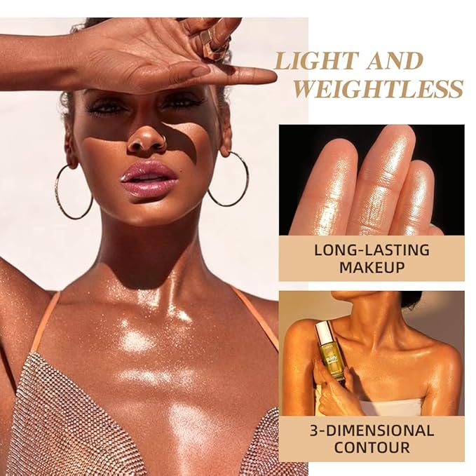 40ml Body Shimmer Oil,Face and Body Liquid Luminizer,Smooth Body Shimmer Oil For Sunshine Bath, Waterproof Moisturizing Light Shimmer Glow Illuminator,Liquid Highlighter Makeup,Makeup Brush Include (4#-Glistening Bronze)-Velvo Beauty