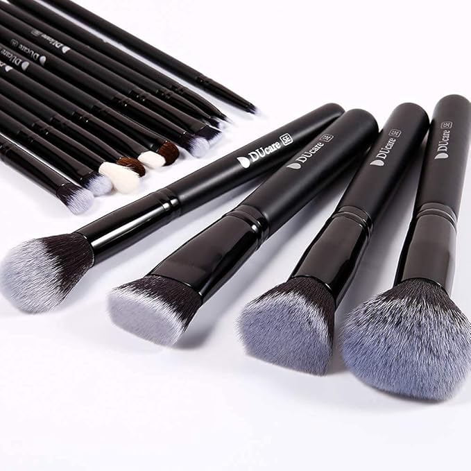 DUcare Makeup Brushes 15Pcs Premium Synthetic Kabuki Makeup Brush Set, Professional Foundation Concealers Powder Blush Blending Face Eye Shadows Black Brush Sets-Velvo Beauty