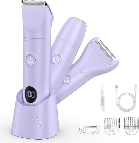 Lanumi 3 in 1 Bikini Trimmer for Women Rechargeable Electric Razors Wet/Dry Pubic Body Hair Trimmer Facial Hair Remover IPX6 Waterproof LCD Display-Velvo Beauty