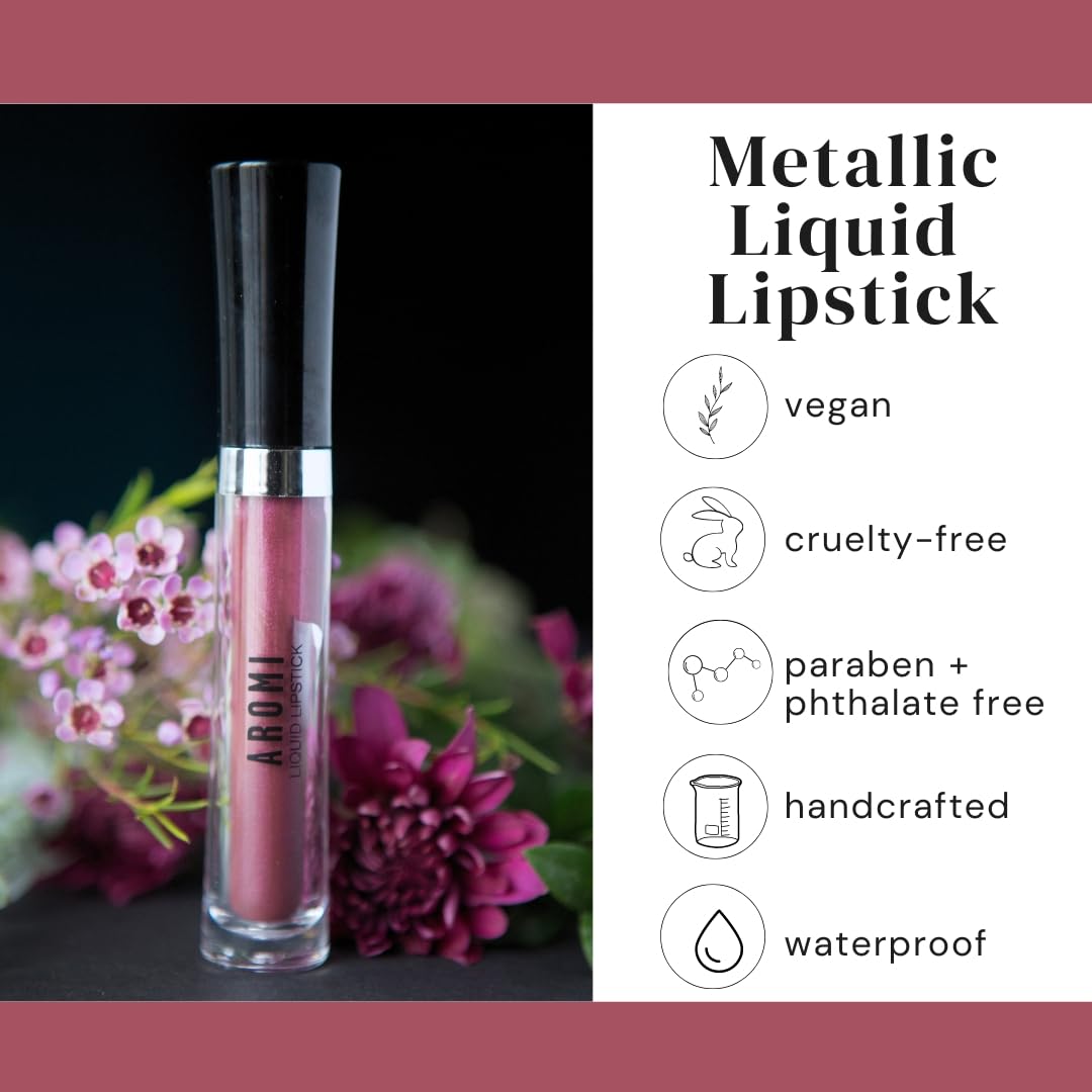Aromi Metallic Liquid Lipstick | Chestnut Rose Lip Color with Shimmery Finish, Long-lasting + Long Wear, Smudge Proof, Waterproof, Vegan, Cruelty-free (Burgundy Quartz)-Velvo Beauty