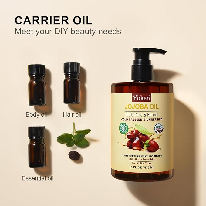 Yoken Pure Jojoba Oil Organic USDA Certified 16 fl oz, 100% Natural Jojoba Oil for Hair, Skin & Face, Cold Pressed Unrefined, Deeply Moisturizing Body Carrier Oils for Essential Oils Mixing-Velvo Beauty