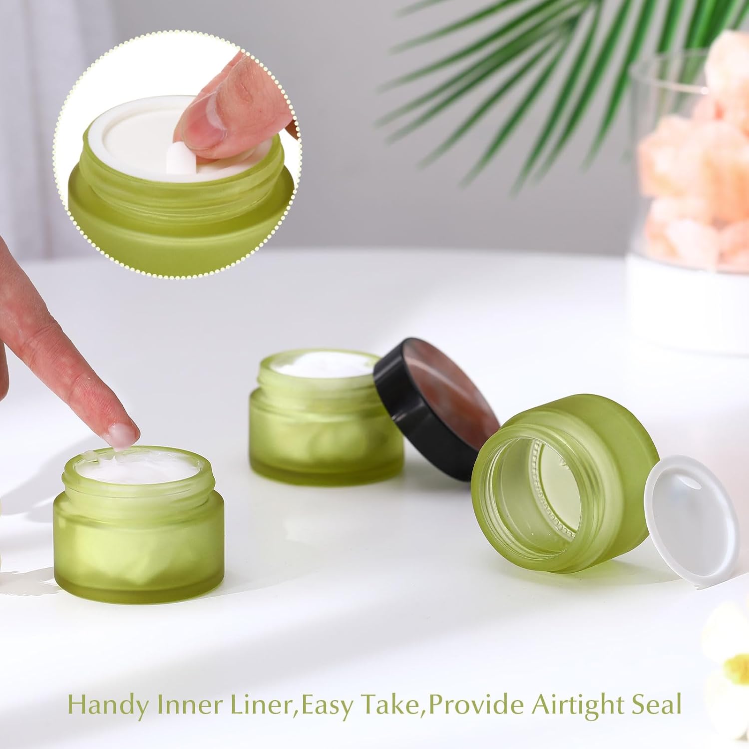 Domensi 100 Pcs 1 oz Glass Jars with Lids Bulk Round Glass Cosmetic Jars Lids 1 oz Small Travel Containers with Inner Liner for Lotions Powders Ointments Sample Cream(Bean Green,Black)-Velvo Beauty