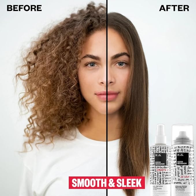IGK GOOD BEHAVIOR Smoothing Frizz Fighters Set | 4-in-1 Prep Spray + Spirulina Protein Smoothing Spray | Frizz Control + Heat Protectant | Vegan + Cruelty Free-Velvo Beauty