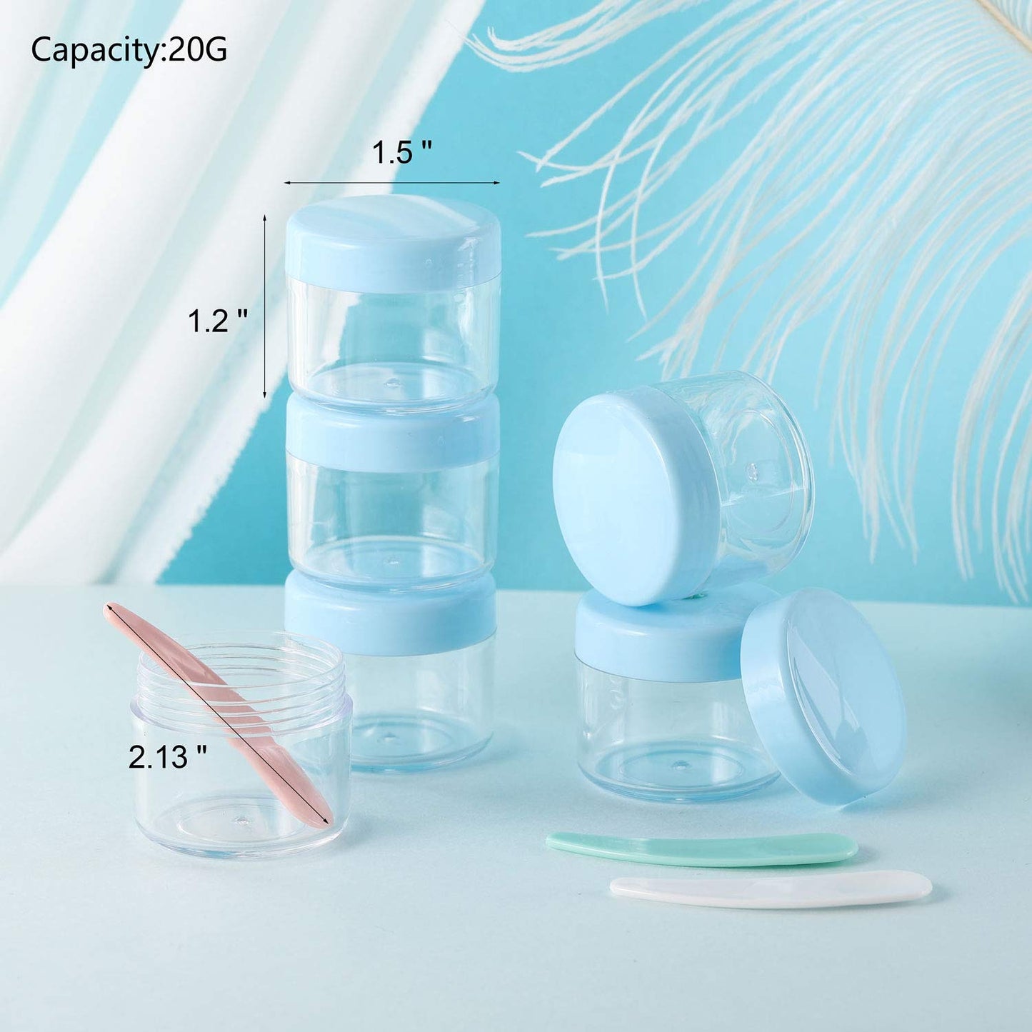 Refillable Cosmetic Sample Jars - 100 Pack 20g (0.7oz) Blue Small Travel Containers with Lids + 10 Mini Makeup Spatulas - BPA Free-Velvo Beauty
