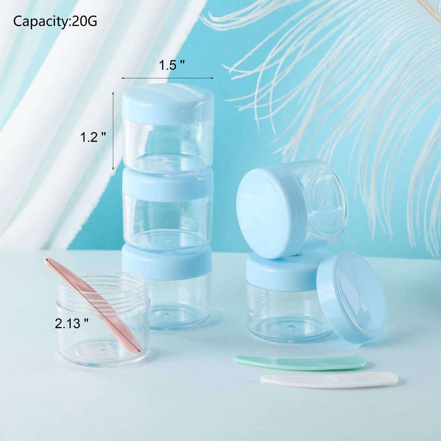 Refillable Cosmetic Sample Jars - 100 Pack 20g (0.7oz) Blue Small Travel Containers with Lids + 10 Mini Makeup Spatulas - BPA Free-Velvo Beauty