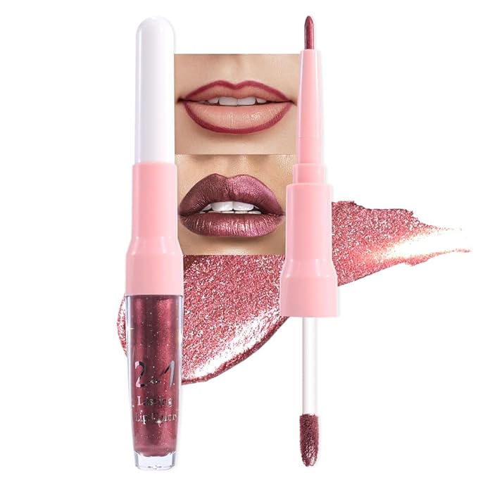 evpct Dark Wine Red Metallic Glitter Lip Liner and Lipstick Combo Lip Gloss Stain Set Makeup for Women Long Lasting Waterproof 24, Mauve Plum Frosted Metallic Shimmer Glossy iridescent Liquid Lipstick-Velvo Beauty