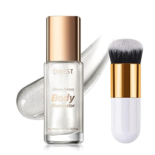 40ml Body Shimmer Oil,Liquid Body Illuminator, Waterproof Moisturizing And Glow For Face & Body, All-In-One Makeup Liquid Illuminator, Summer Body Luminizer,Makeup Brush Include(01#Silver)-Velvo Beauty