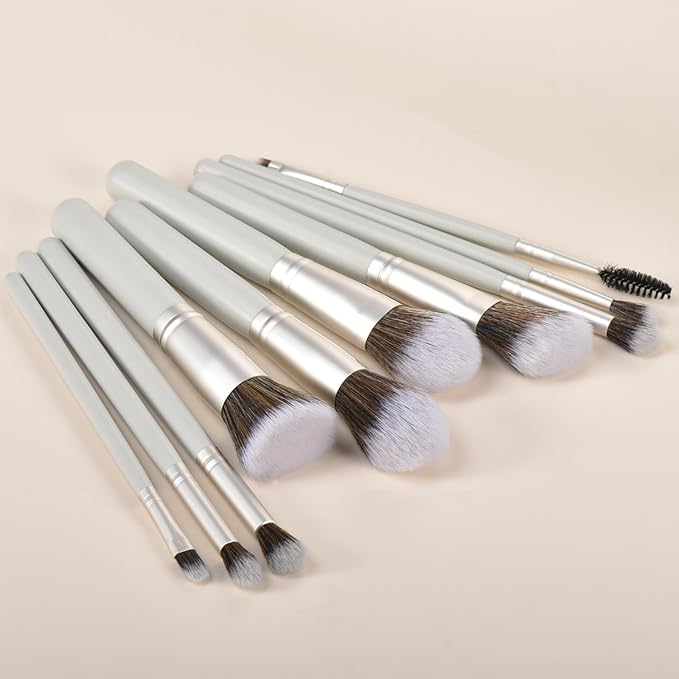 10 Piece Makeup Brushes - Grayish Green Wooden Handle with Soft Synthetic Bristles,for Face & Eye Makeup|Professional Makeup Brushes set for Women & Girls|-Velvo Beauty