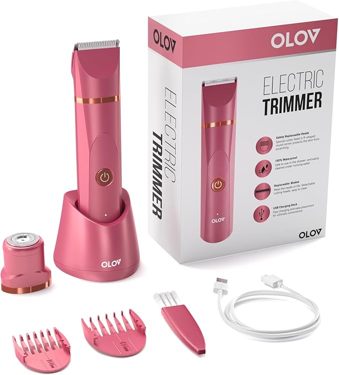 OLOV Electric Body Hair Trimmer - Groin Trimmer for Men - Bikini Trimmer Women - Wet/Dry Shaver Groomer, Replaceable Ceramic Blade Heads, USB Recharge Dock, Waterproof Hygiene Razor, Red-Velvo Beauty