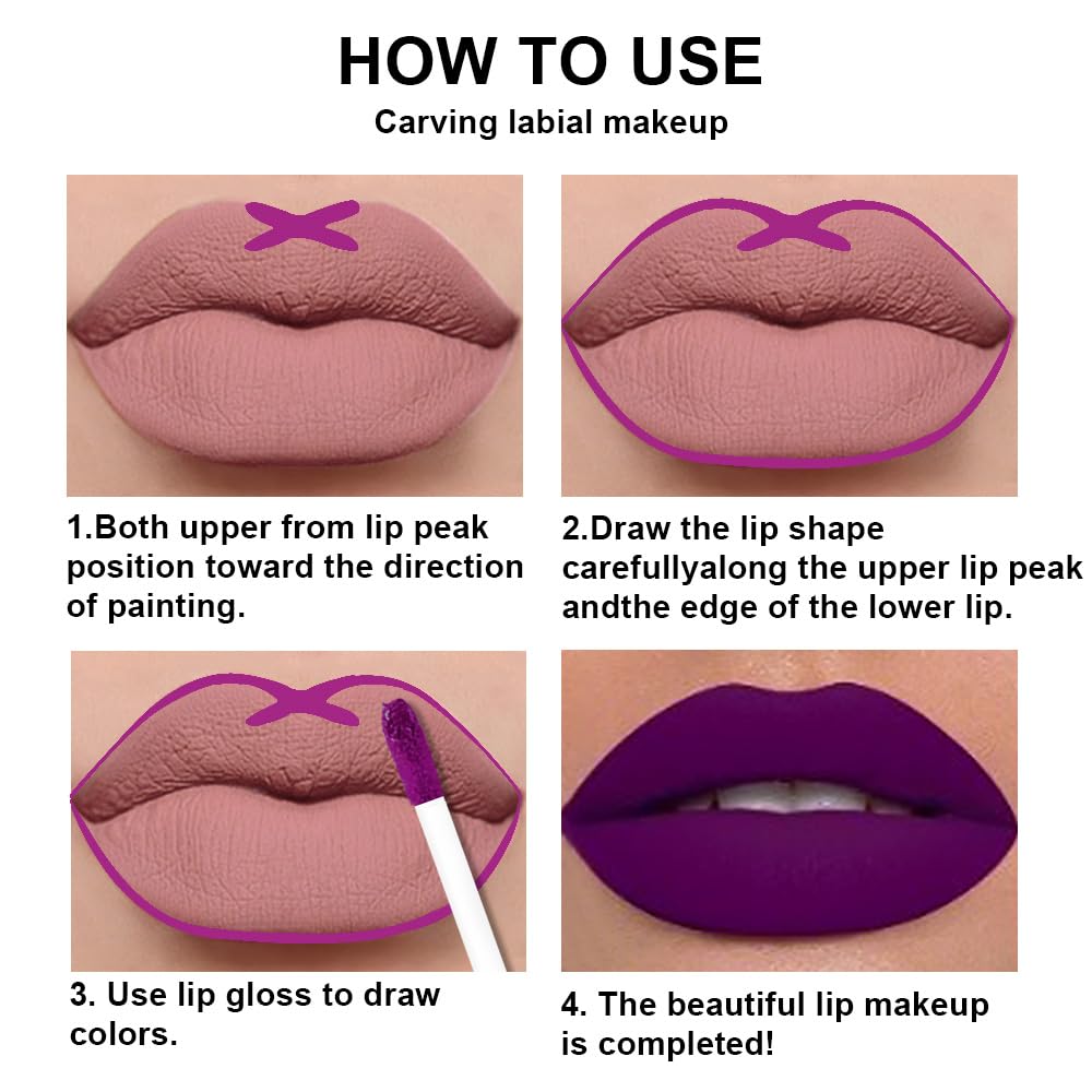 evpct 2Pcs Purple Matte Liquid Lipstick Lip Gloss Stain and Retractable Lip Liner Makeup Set for Women Long Lasting Waterproof 24 Hours Permanent Lipstick labial mate larga duracion 24 52#-Velvo Beauty