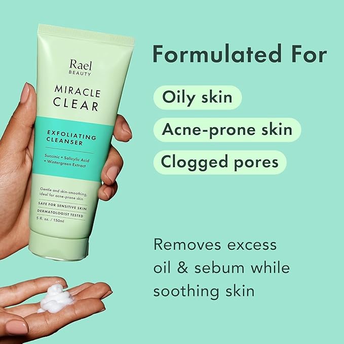 Rael Miracle Clear Face Wash – Gentle Exfoliating Cleanser with Succinic Acid & Minerals, Hydrating Formula for Daily Use, Ideal for Acne-Prone, Dry, Sensitive & Oily Skin, Vegan (5 fl oz)-Velvo Beauty