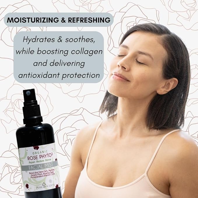 Organic & Vegan Rose Phyto³ Water Facial Spray - Moisturizing Face Mist & Setting Spray, Soothing, Hydrating Mist Rose Water For Face - Great for Facial Massaging (4 oz)-Velvo Beauty