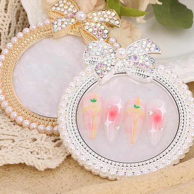 2 Pack Bow with Rhinestones Pearl Nail Art Palette Nail Polish Art Painting Mixing Palette Holder Pearl Edge Professional Cosmetic Nail Art Tools for Women and Girls Nail Polish Display-Velvo Beauty
