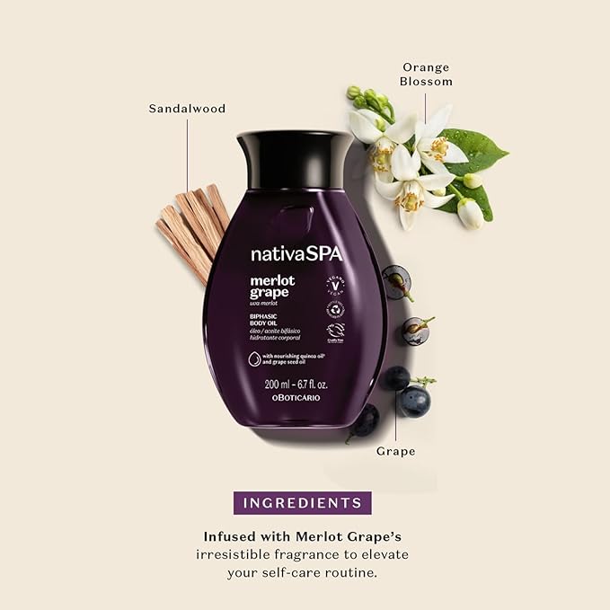 Nativa SPA by O Boticário Merlot Grape Biphase Body Oil, with Quinoa & Grapeseed Oils, Silky Glow with Hydration, 6.7 Ounce (200ml)-Velvo Beauty
