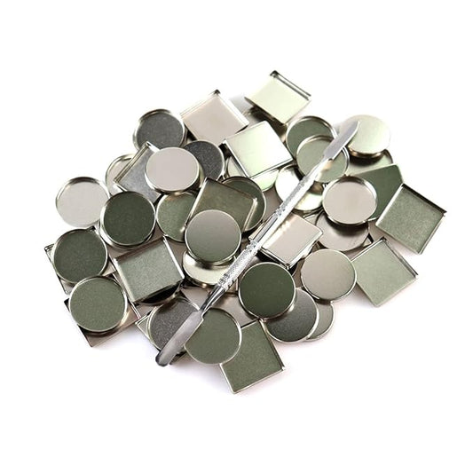 50 Pcs Empty Metal Pans, Makeup Palette Pans for Eyeshadow Magnetic Cosmetic Palette Size 26mm (Square&Round&depotting spatula)-Velvo Beauty