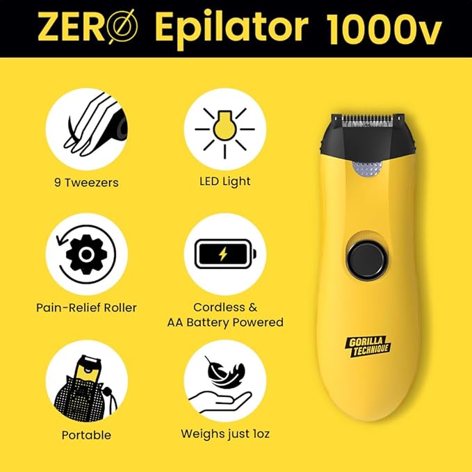Gorilla Technique Mini Epilator 1000V, Pain Relief Roller, Facial & Body Hair Removal Device, Electric Tweezers for Women & Men, Specialized for Narrow and Sensitive Area, Korean Skin Care - 1000V-Velvo Beauty