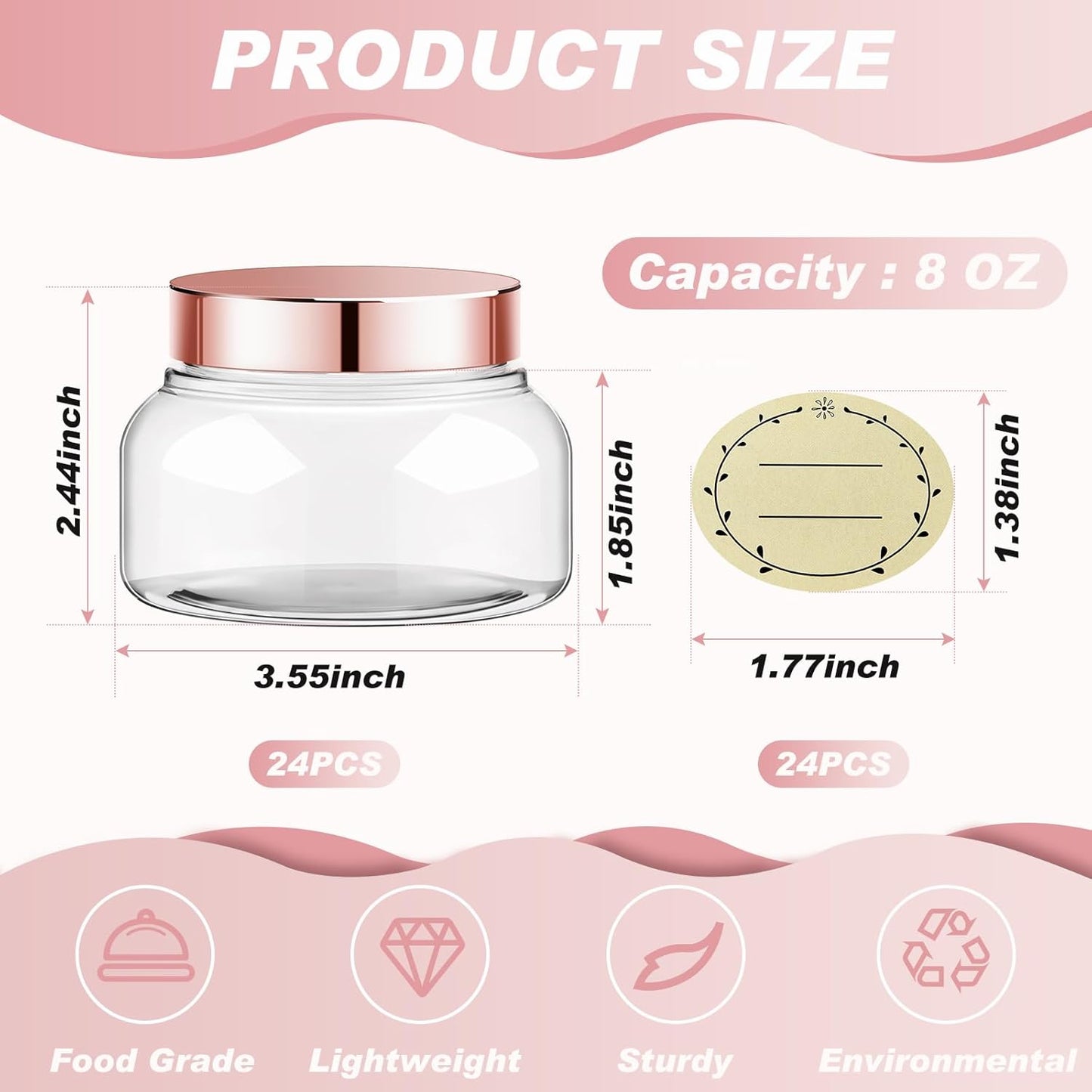 Tessco 24 Pack Plastic Jars with Lids Labels Empty Clear Plastic Jars Round Refillable Cosmetic Containers Body Butter Containers Bulk Sugar Scrub Bottle for Make Up(8 oz,Rose Gold)-Velvo Beauty