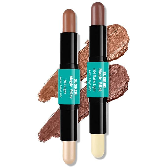 Contour Stick, 2Pcs Dual-Ended Highlighter Makeup Pen & Contouring Stick for Face Shaping, Long Lasting Waterproof Cream Bronzer & Highlight Sticks Make Up Kit for All Skin Tones (01# + 04#)-Velvo Beauty