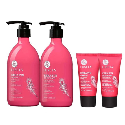 Luseta Keratin Shampoo Full + Travel Size Shampoo + Conditioner Set for Color Treated Damaged & Dry Hair, Keratin Hair Treatment for Smoothing& Nourishing (2x16.9 FL Oz + 2x1.01 FL Oz)-Velvo Beauty