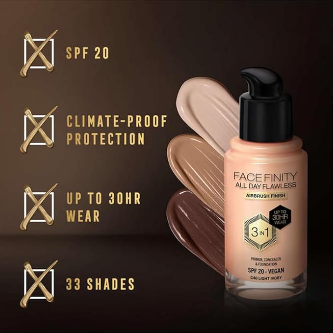 Max Factor Facefinity All Day Flawless 3 In 1 Foundation SPF 20, No. 40 Light Ivory-Velvo Beauty