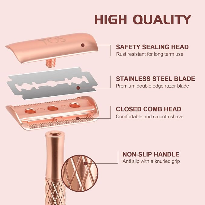 Double Edge Safety Razor for Women with Silicone Cover & 10 Blades for Travel Metal Eco-Friendly Reusable Single Blade Razor for Shaving (Rose Gold)-Velvo Beauty