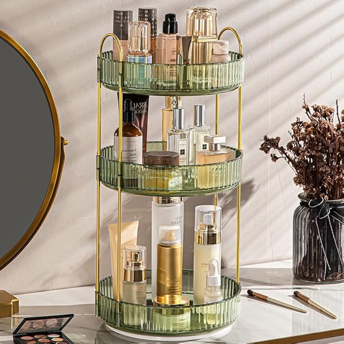Makeup Organizer for Vanity, 360° Rotating Bathroom Organizer Countertop, High-Capacity Skincare Organizer, Spinning Cosmetics Organizer for Dresser Countertop (3 Tiers, Green)-Velvo Beauty