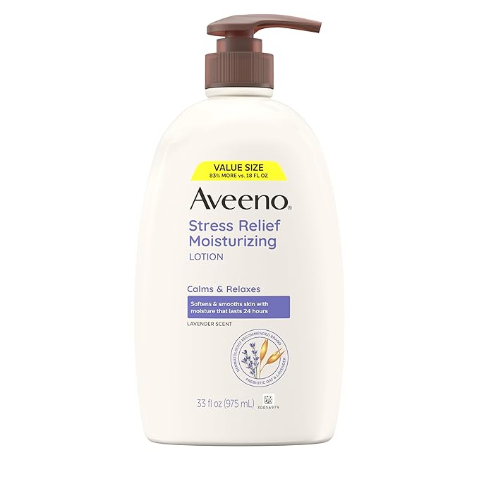 Aveeno Stress Relief Moisturizing Body Lotion 33 Fl Oz, Lavender Scent with Prebiotic Oat, Hydrating 24-Hour Moisturizer Non-Greasy for Dry Sensitive Skin, Paraben & Dye Free, Calming & Relaxing-Velvo Beauty