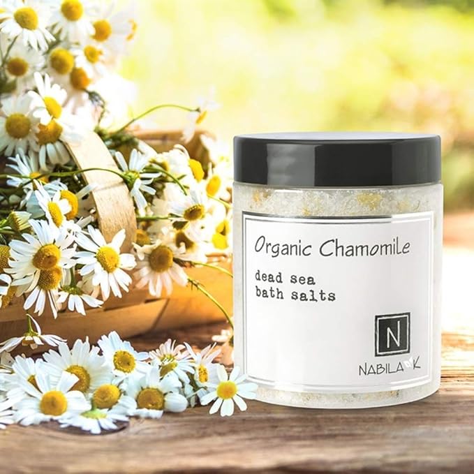 Organic Chamomile Bath Salts by Nabila K - Dead Sea Salt & Epsom Salt Scrub & Soak - Exfoliates & Hydrates Skin, Botanical Essential Oils - Bubble Bath Accessories for All Skins Types, 8 oz-Velvo Beauty