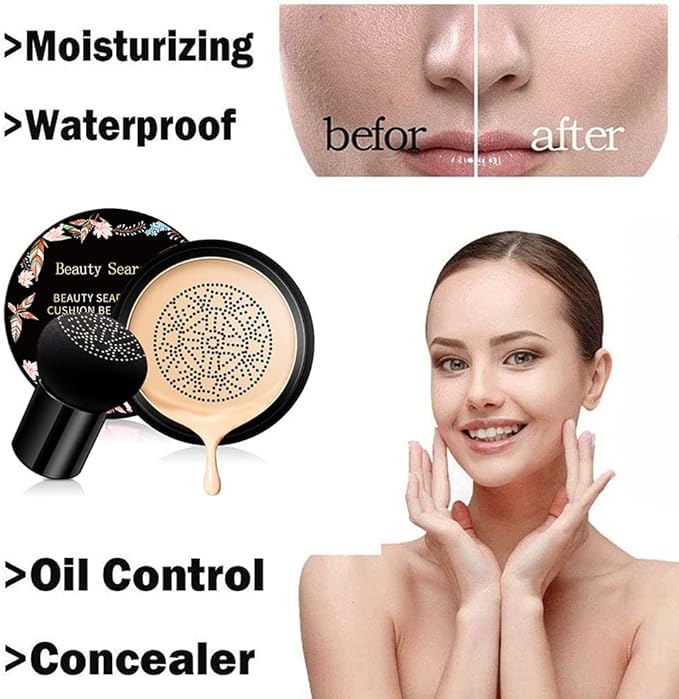 Beauty Glazed Mushroom Head Air Cushion CC Cream Foundation Cover Concealer Makeup Moisturizing Brightening Pigment Liquid Foundation, Even Skin Tone Makeup Base BB # 02 Naturel-Velvo Beauty